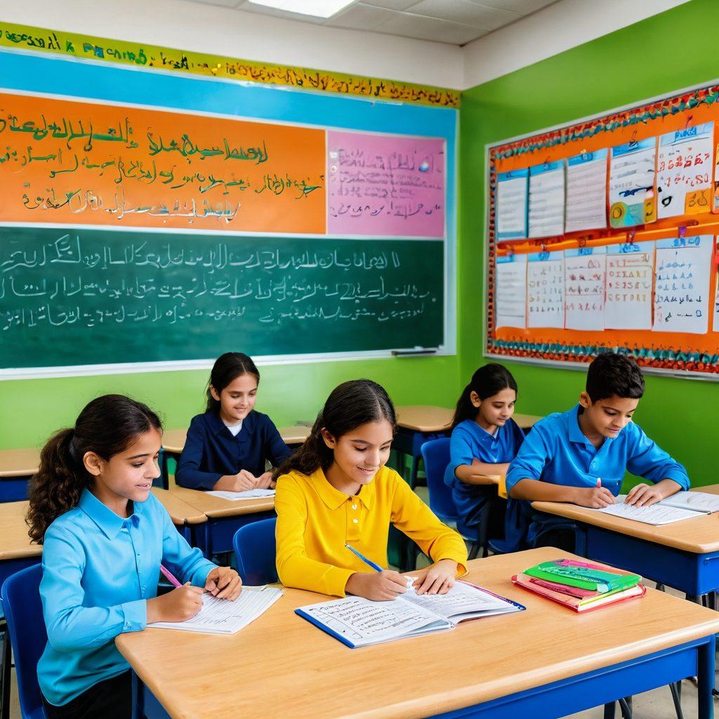 A vibrant classroom scene with diverse students engaged in learning Arabic grammar, featuring colorful grammar charts on the walls, playful writing exercises on desks, and an enthusiastic teacher using interactive techniques. Include Arabic letters and symbols floating around, hinting at a playful atmosphere. Bright colors and a sense of fun should convey an effective learning experience. super-realistic. vibrant colors. playful style.