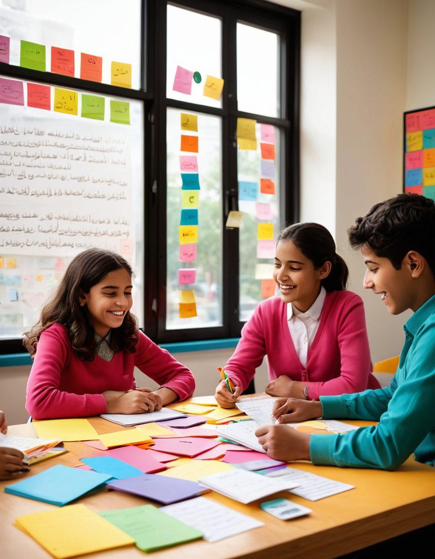 A joyful classroom scene filled with diverse students engaging with Arabic grammar books, surrounded by vibrant sticky notes and colorful flashcards. There is a teacher enthusiastically explaining concepts on a whiteboard decorated with Arabic letters and diagrams. A window reveals a sunny day outside, enhancing the cheerful atmosphere. The entire scene should radiate a sense of excitement and curiosity about learning. super-realistic. vibrant colors. bright classroom setting.