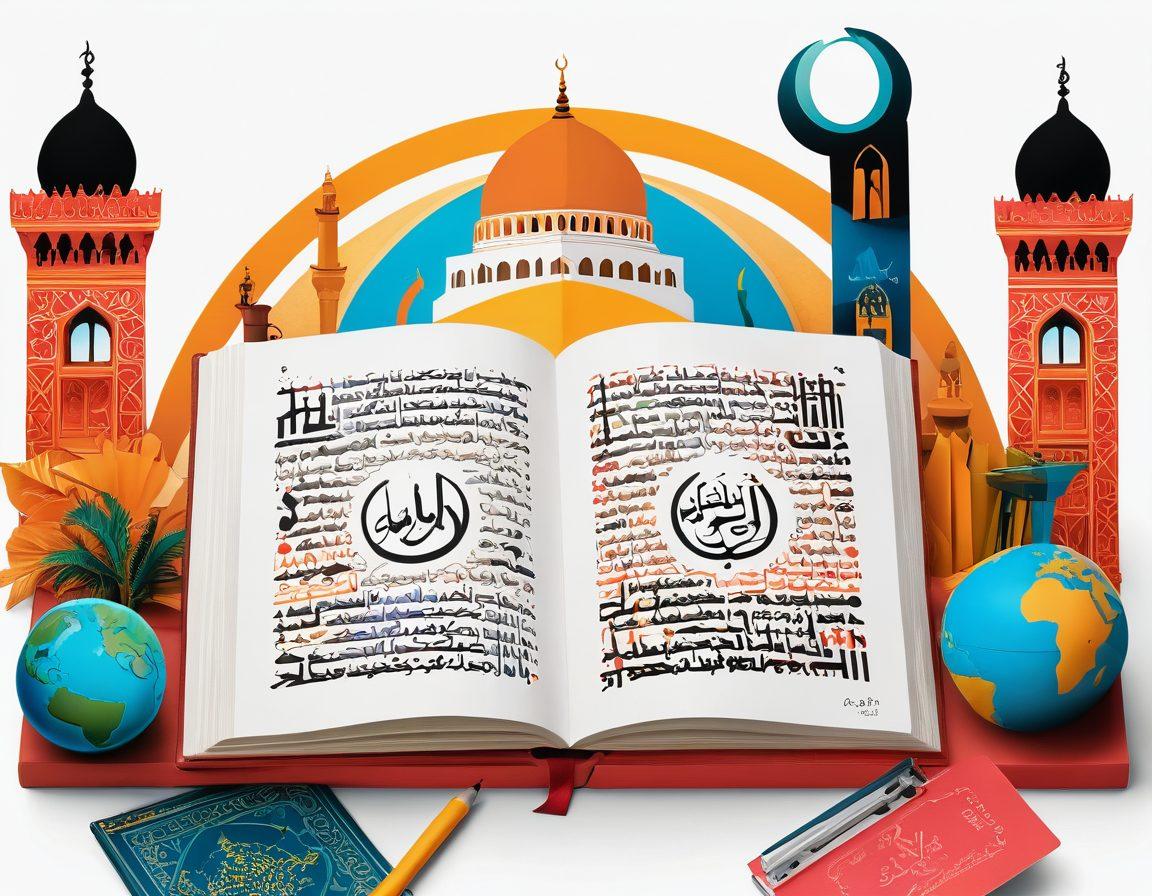 A visually engaging illustration featuring an open Arabic grammar book surrounded by colorful, interactive learning tools like flashcards, a globe, and a digital tablet displaying Arabic script. The background showcases iconic Middle Eastern landmarks and vibrant cultural motifs. The colors should be rich and inviting, creating a sense of exploration and curiosity about language learning. super-realistic. vibrant colors. white background.